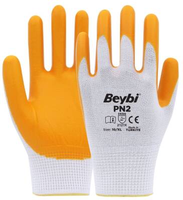 Beybi PN2 Polyester Astarlı Örme Nitril Kaplı Eldiven Sarı-Beyaz No 10 - 1